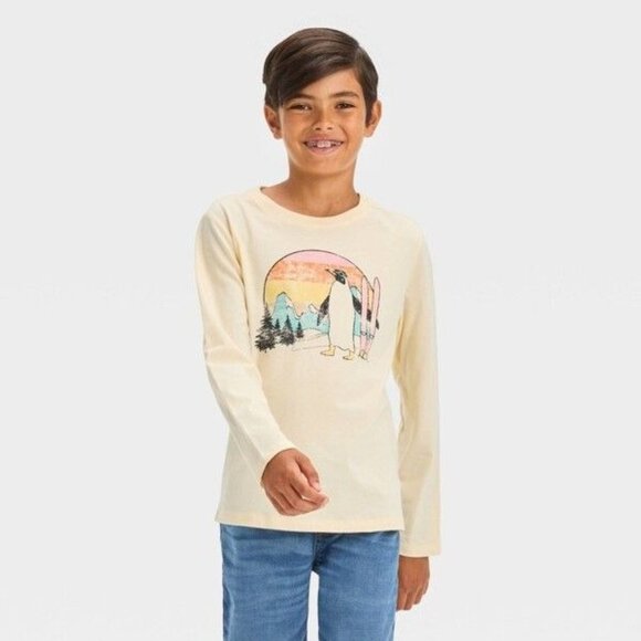 NEW Cat & Jack Sunset Skiing Penguin Long Sleeve Graphic T-Shirt - Ivory - Picture 1 of 6